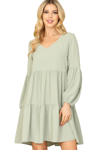 Sage V-Neck Puff Long Sleeve Babydoll Tiered Solid Dress -  Pack of 5
