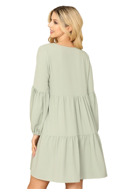 Sage V-Neck Puff Long Sleeve Babydoll Tiered Solid Dress -  Pack of 5