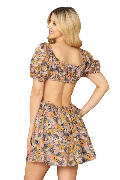 Grey Multi Side Cut Out Puff Sleeve Floral Mini Dress -  Pack of 5