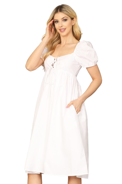 White Keyhole Tie Detail Puff Short Sleeve Side Pocket Dress -  Pack of 5