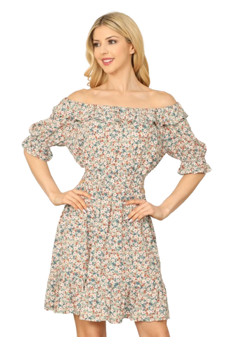 White Round Neck Puff Sleeve Open Back Floral Mini Dress -  Pack of 5