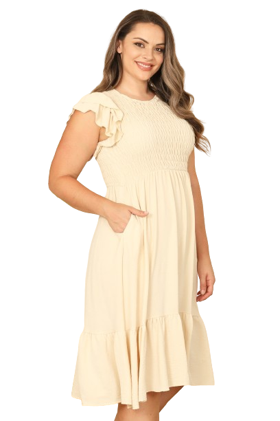 Cream Plus Size Ruffle Sleeve Smocked Solid Dress - Pack of 6