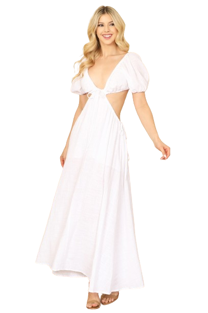 White Side Cut Out Detail Puff Sleeve Solid Maxi Dress -  Pack of 5