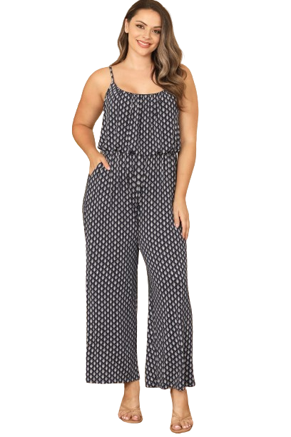 Navy White Plus Size Abstract Spaghetti Strap Jumpsuit - Pack of 6