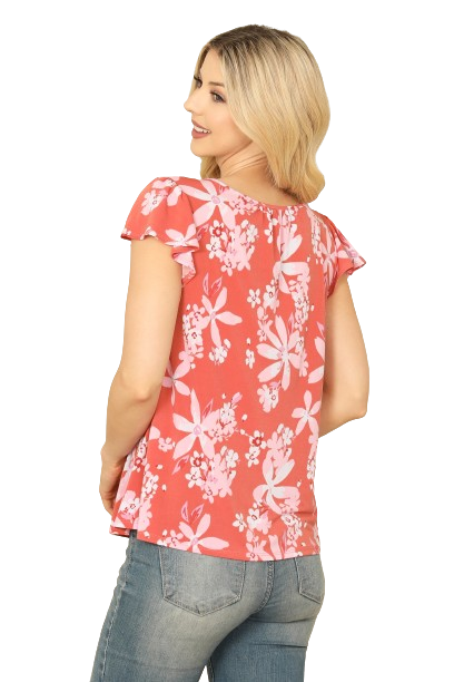Terracotta Floral Scoop Neck Ruffle Short Sleeve Top - Pack of 6