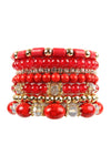Red Seven Lines Glass Beads Stretch Bracelet - Pack of 6