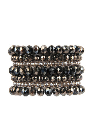 Black Brown Seven Lines Glass Beads Stretch Bracelet - Pack of 6