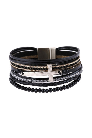 Mix Beads Wood FIMO Layered Charm Versatile Bracelet Black - Pack of 6