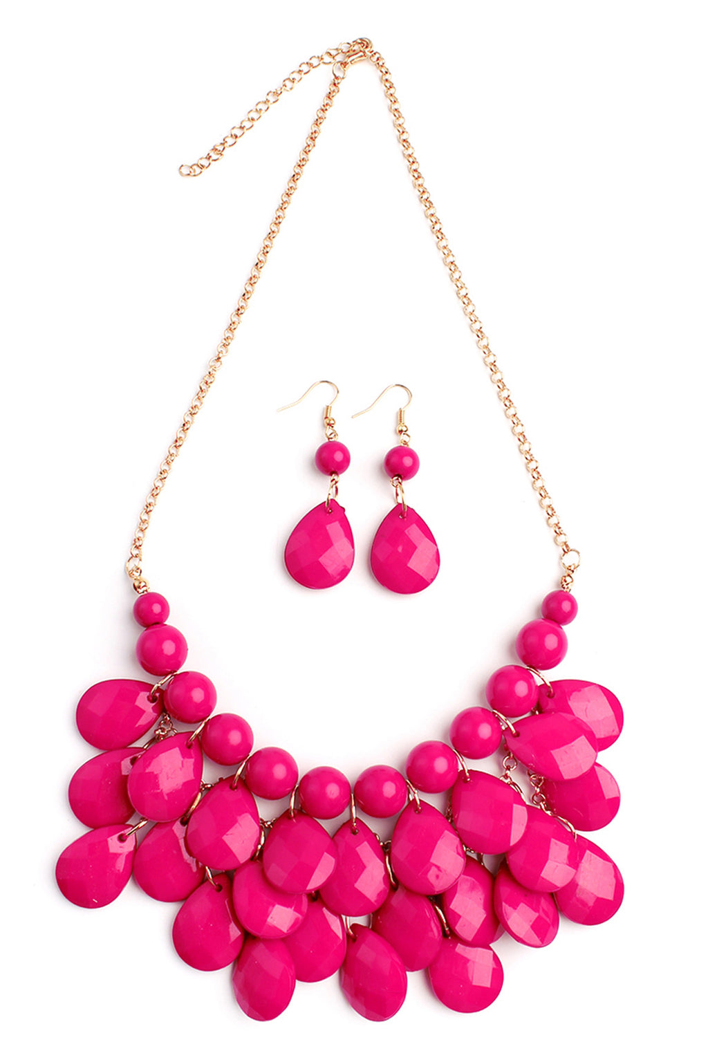 Hot Pink Teardrop Bubble Bib Necklace and Earring Set - Pack of 6