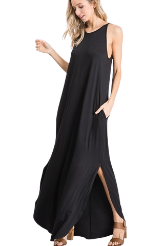 Plus Size Sleeveless Halter Neck Solid Maxi Dress with Side Pocket and Lace Detail Black - Pack of 6
