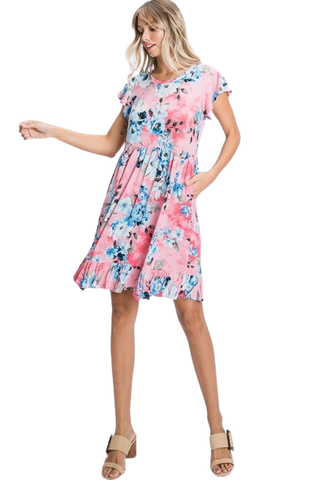 D. Pink Short Sleeve Contrast Floral Stripes Dress - Pack of 6
