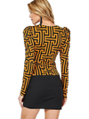 Plus Size V Neck Puff Sleeve Ruched Geo Print Top Black Camel - Pack of 6