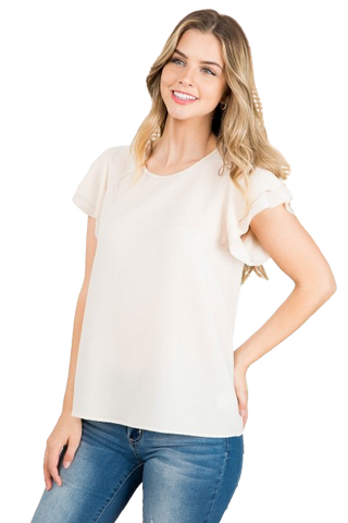 Layered Ruffle Sleeve Round Neck Woven Top Ivory - Pack of 7