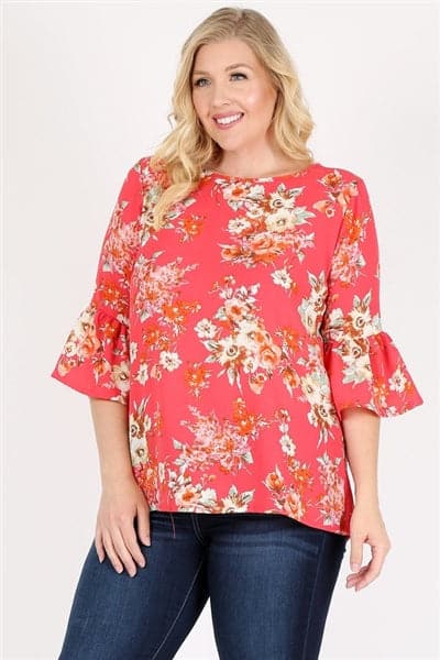 Plus Size 3/4 Bell Sleeve Boat Neck Floral Print Top Coral - Pack of 6