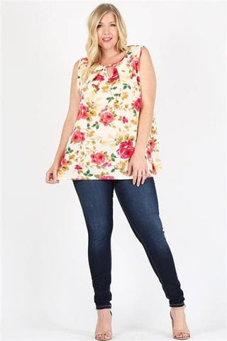 Plus Size Keyhole Sleeveless Floral Print Top Mauve Pink Blue  - Pack of 6