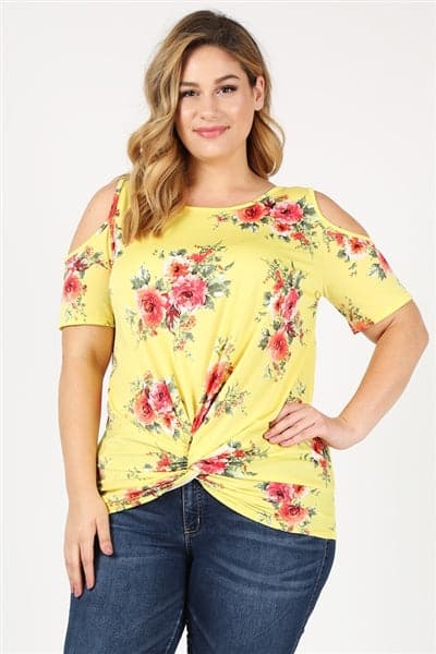 Plus Size Twist Knot Cold Shoulder Printed Top Yellow Coral - Pack of 6