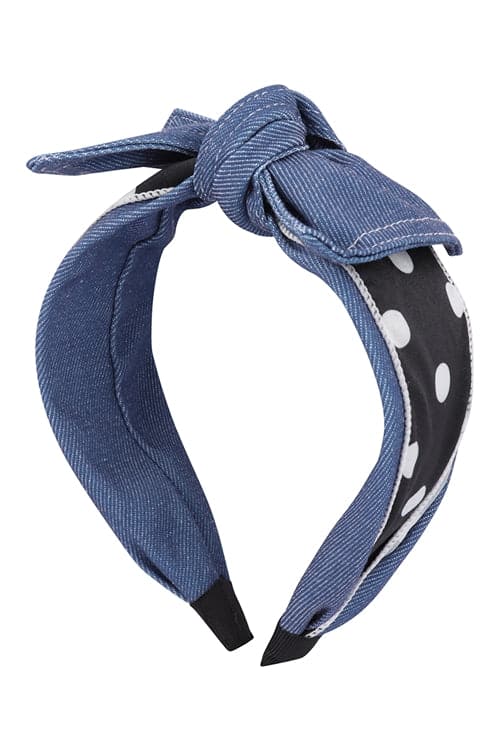 Denim Polka Dot Print Knotted Ribbon Headband Hair Accessories Dark Blue - Pack of 6