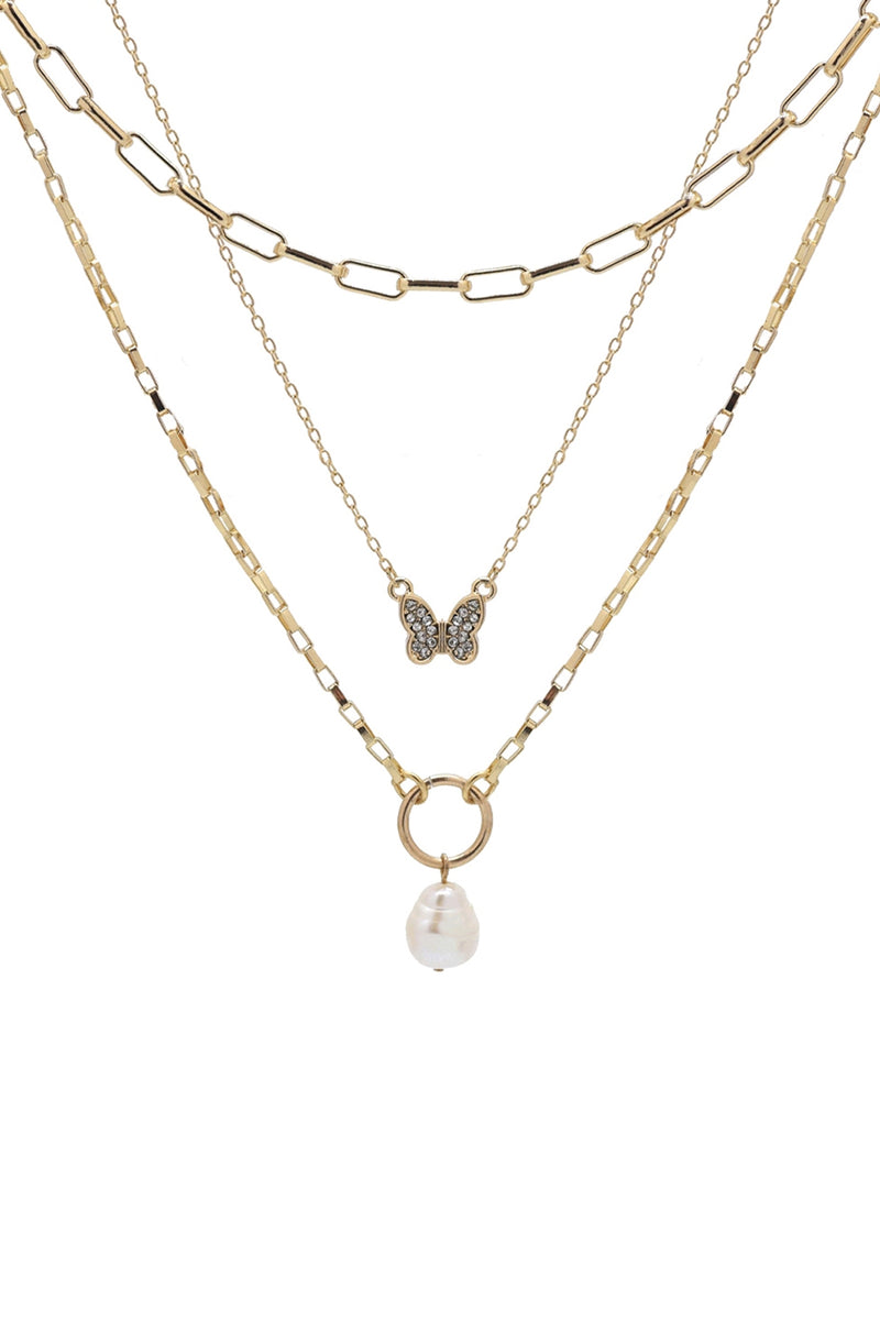 Fresh Water Pearl with Butterfly Layered 3 Set Chain Necklace White Gold - Pack of 6