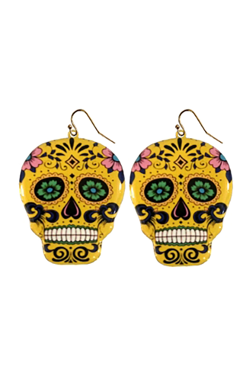 Halloween Sugar Skull Dangle Fish Hook Earrings Yellow - Pack of 6