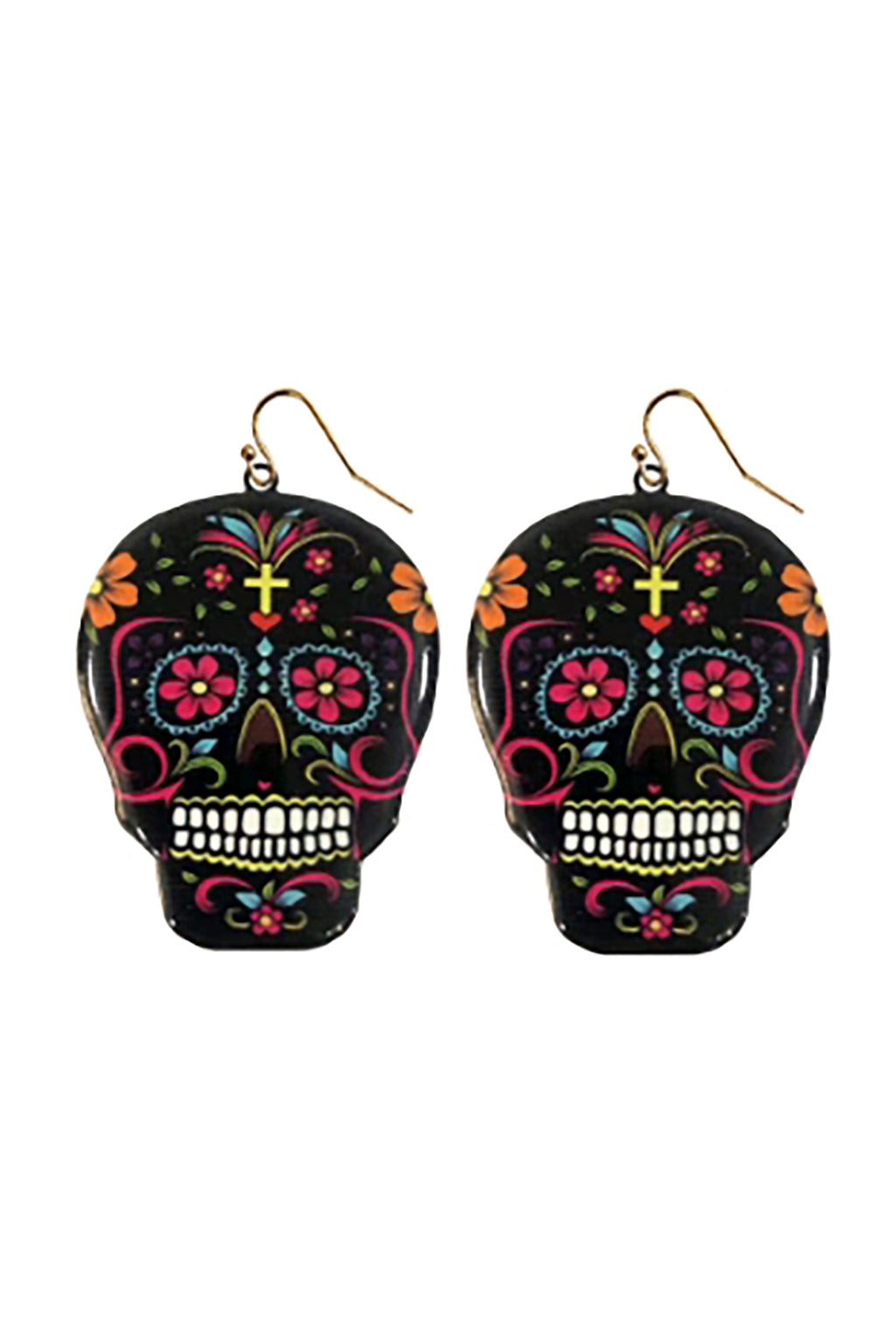 Halloween Sugar Skull Dangle Fish Hook Earrings Black - Pack of 6
