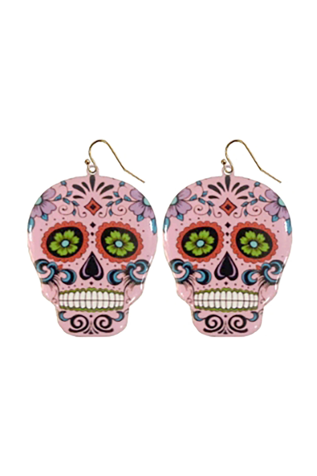 Halloween Sugar Skull Dangle Fish Hook Earrings Light Rose - Pack of 6
