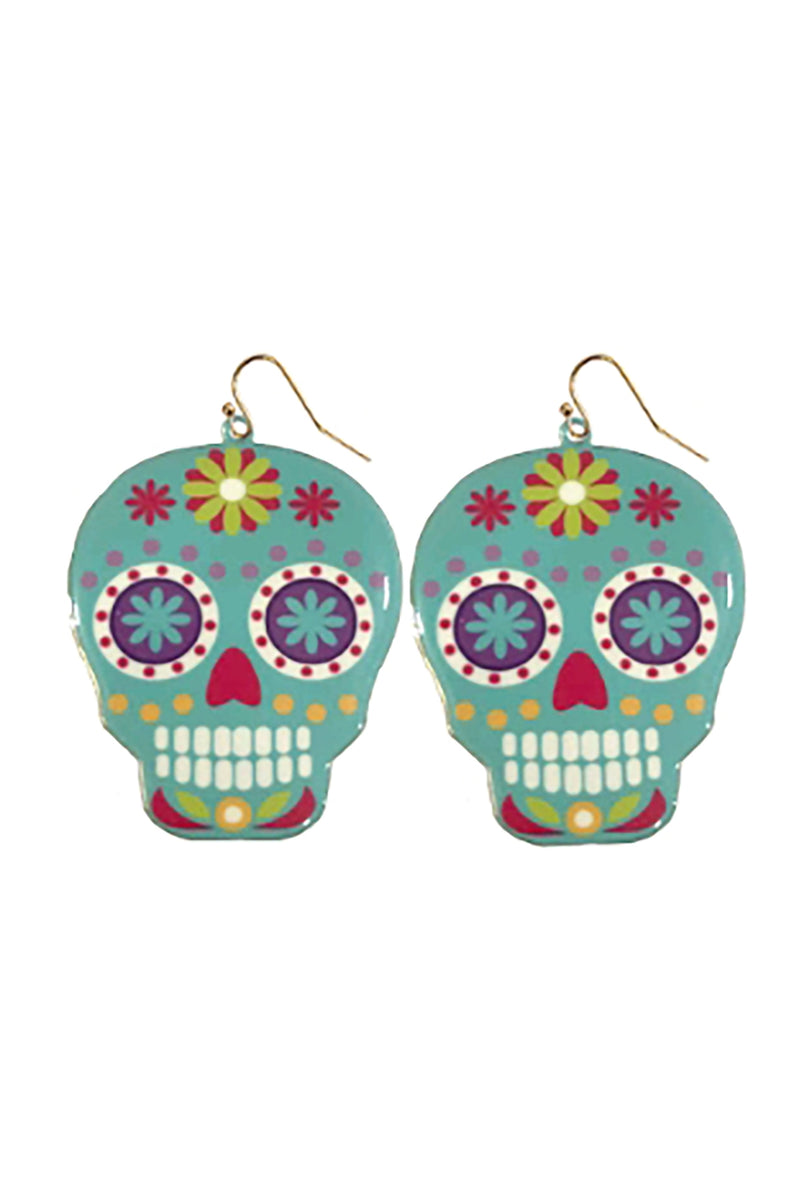 Halloween Sugar Skull Dangle Fish Hook Earrings Turquoise - Pack of 6