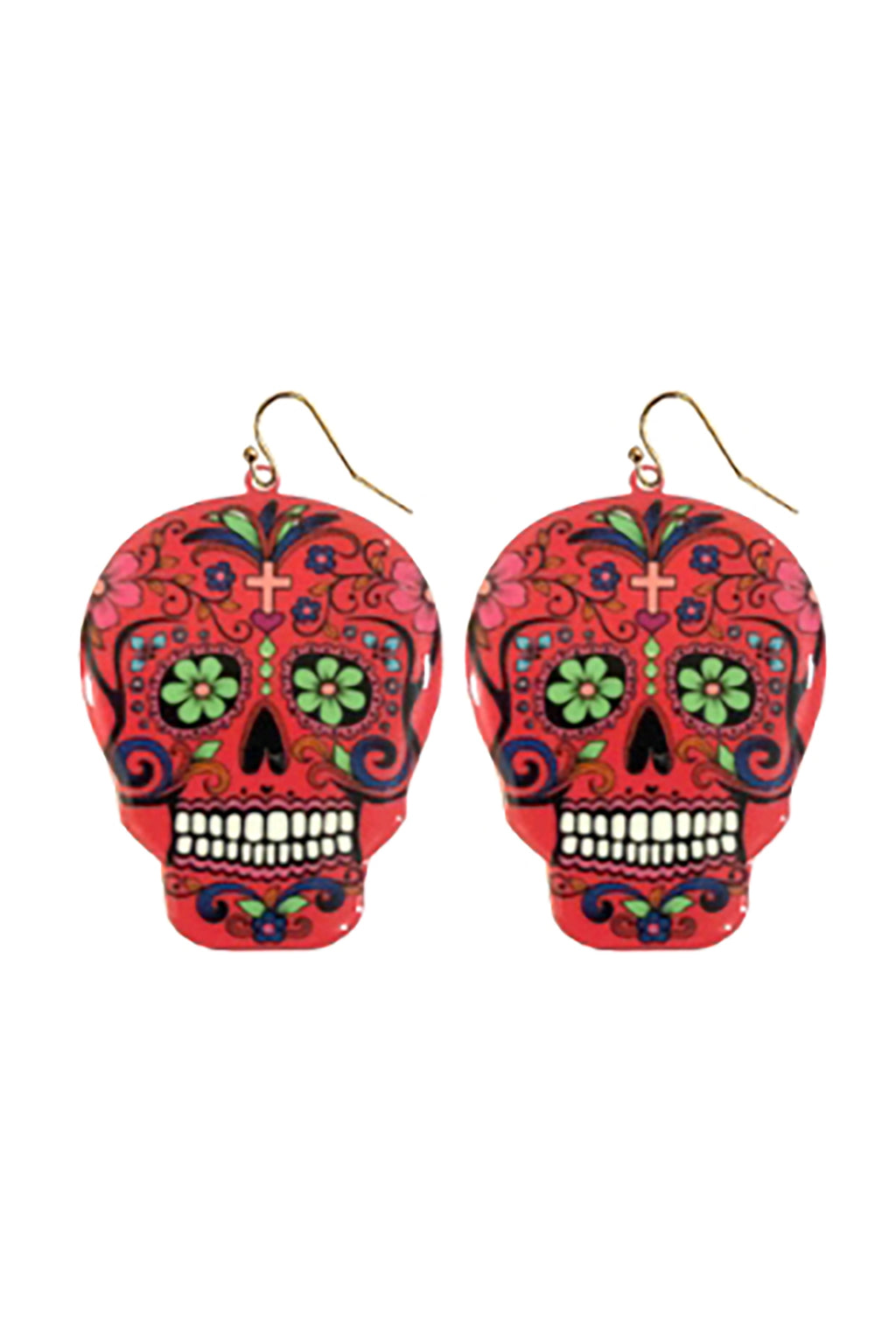 Halloween Sugar Skull Dangle Fish Hook Earrings Burgundy - Pack of 6