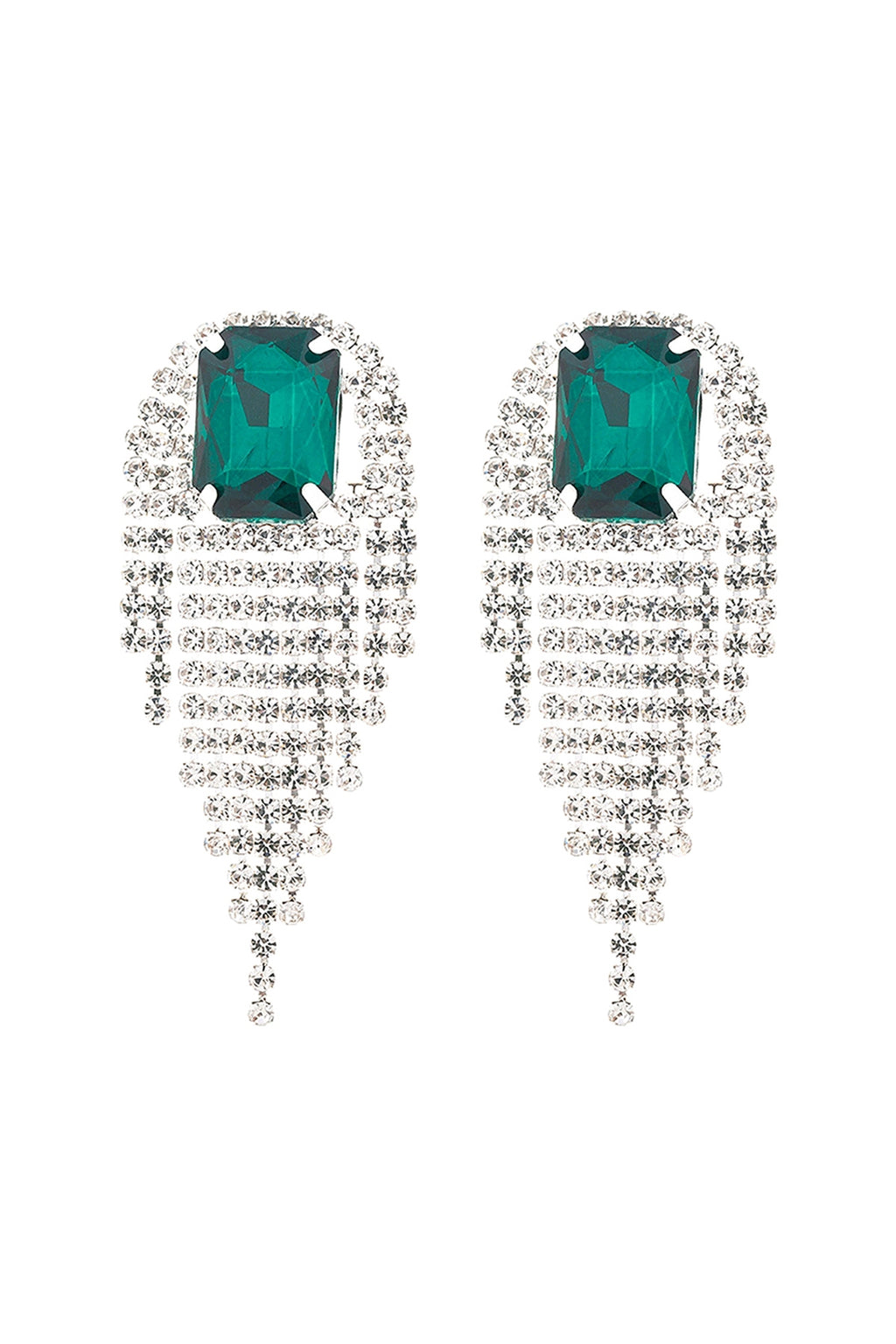 Rhinestone Square Fringe Tassel Earrings Emerald Silver - Pack of 6