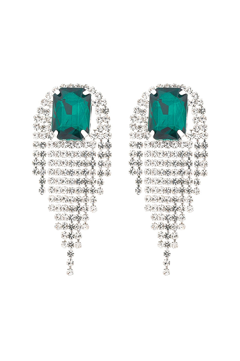 Rhinestone Square Fringe Tassel Earrings Emerald Silver - Pack of 6