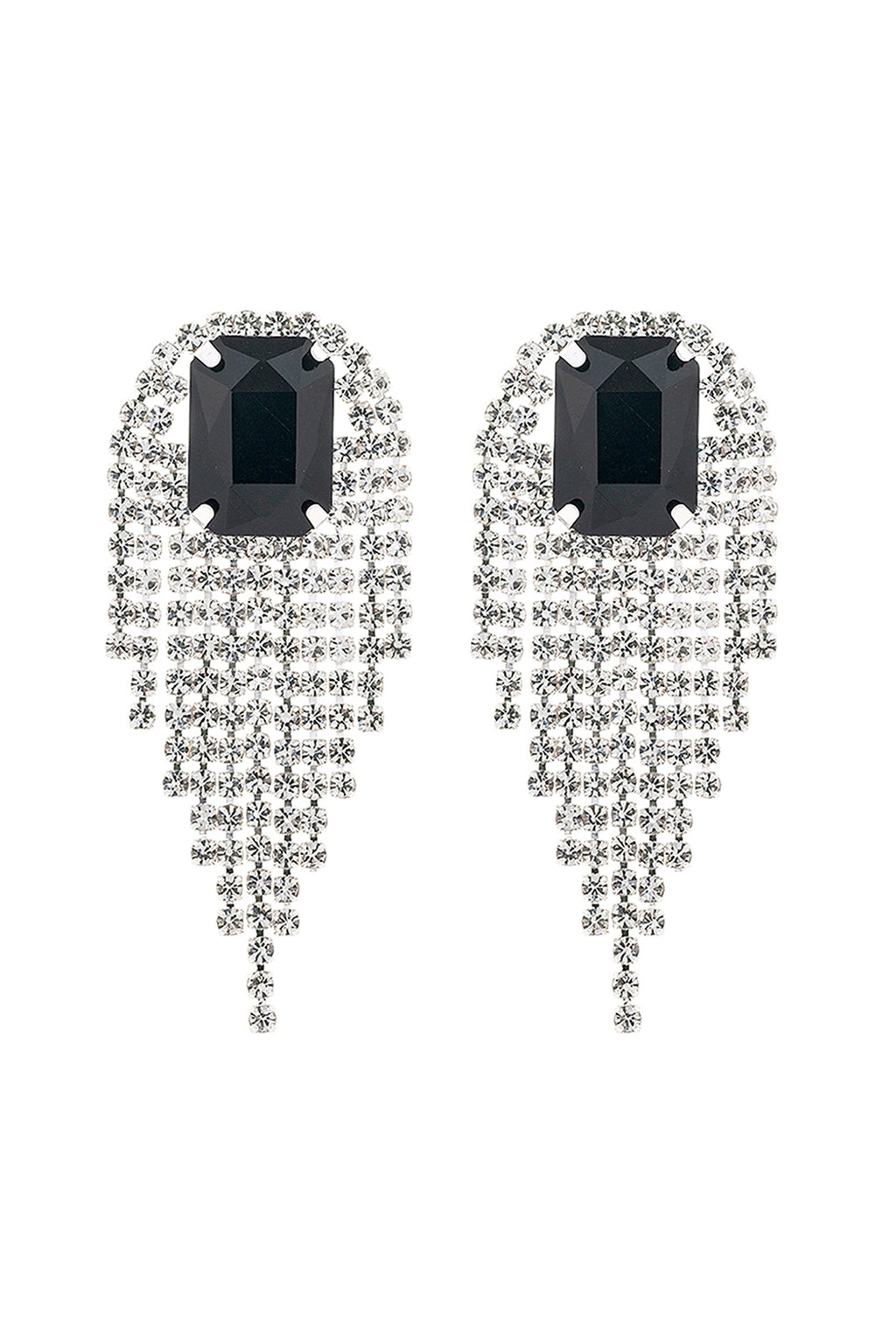 Rhinestone Square Fringe Tassel Earrings Black Silver - Pack of 6