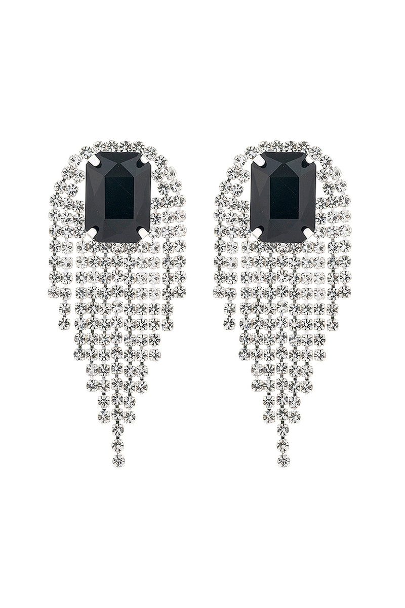 Rhinestone Square Fringe Tassel Earrings Black Silver - Pack of 6