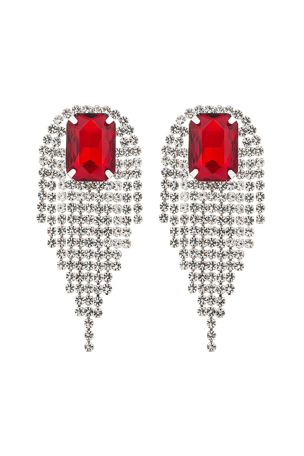 Rhinestone Square Fringe Tassel Earrings Red Silver - Pack of 6