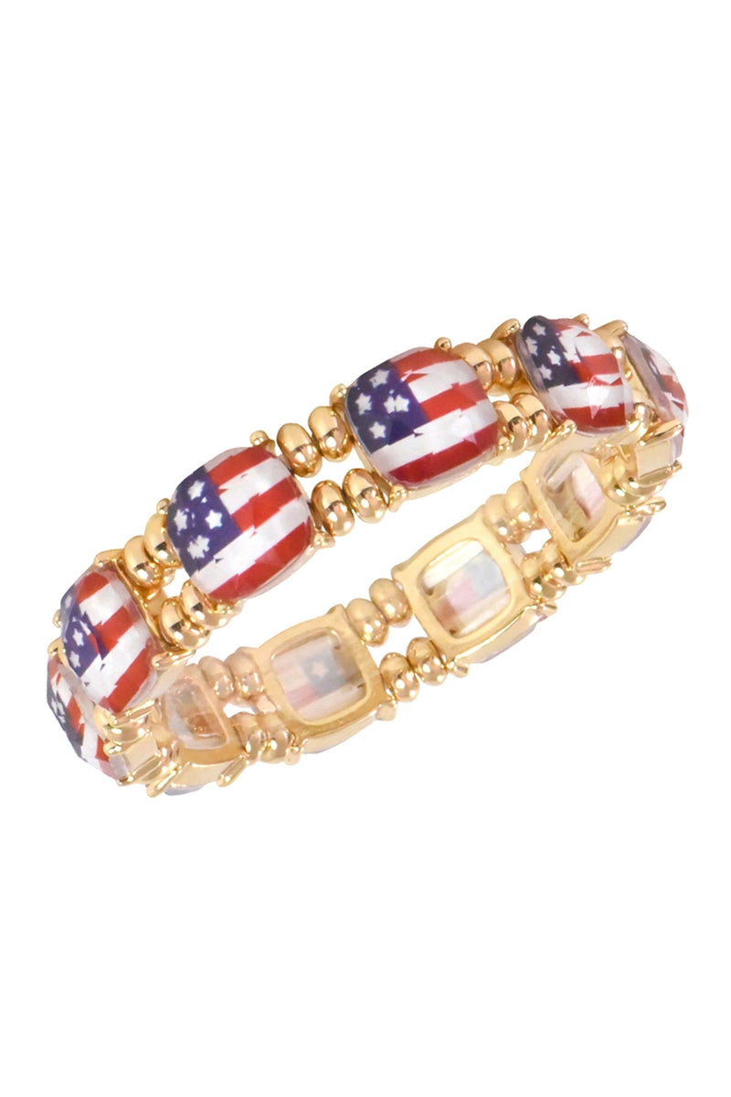 Cushion Cut America Flag with Beads Stretch Bracelet Multicolor Gold - Pack of 6