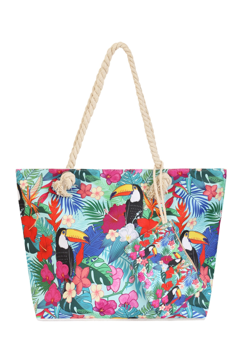 Tropical Bird Print Tote Bag with Matching Wallet Blue - Pack of 6