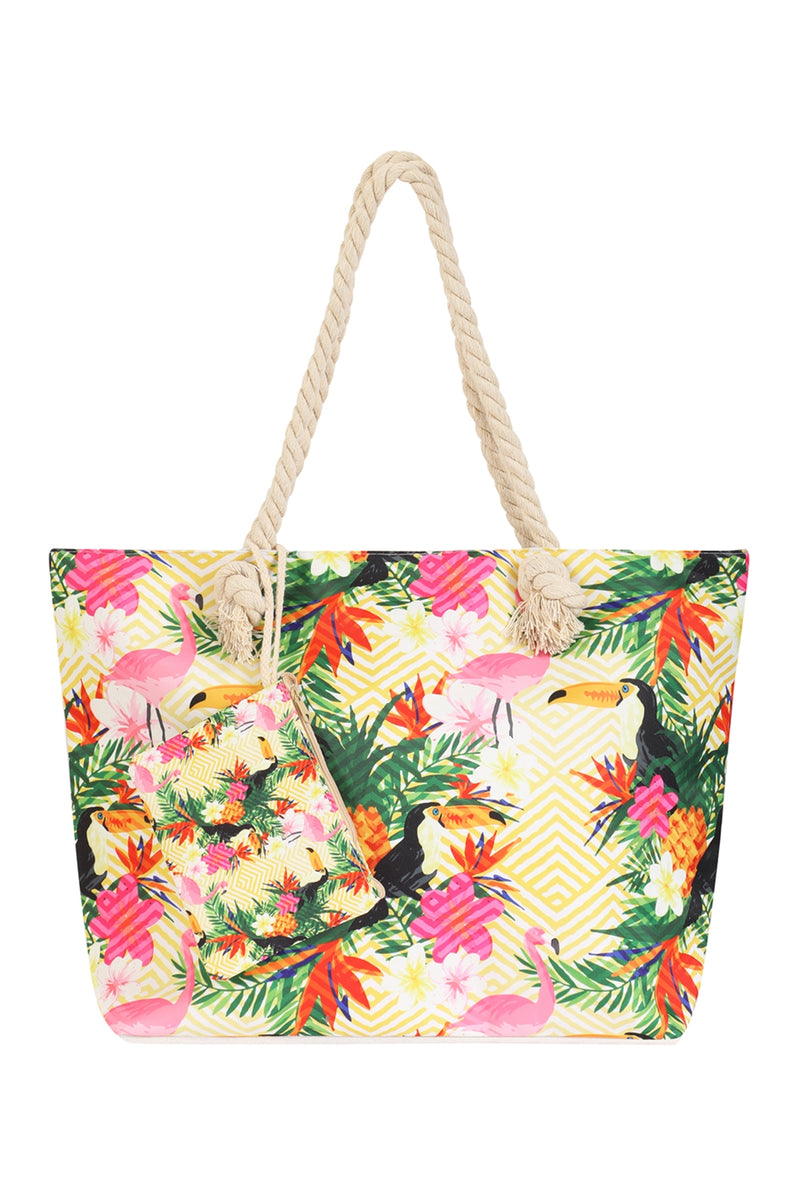 Tropical Bird Print Tote Bag with Matching Wallet White - Pack of 6