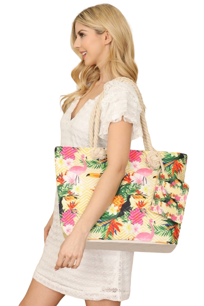 Tropical Bird Print Tote Bag with Matching Wallet White - Pack of 6