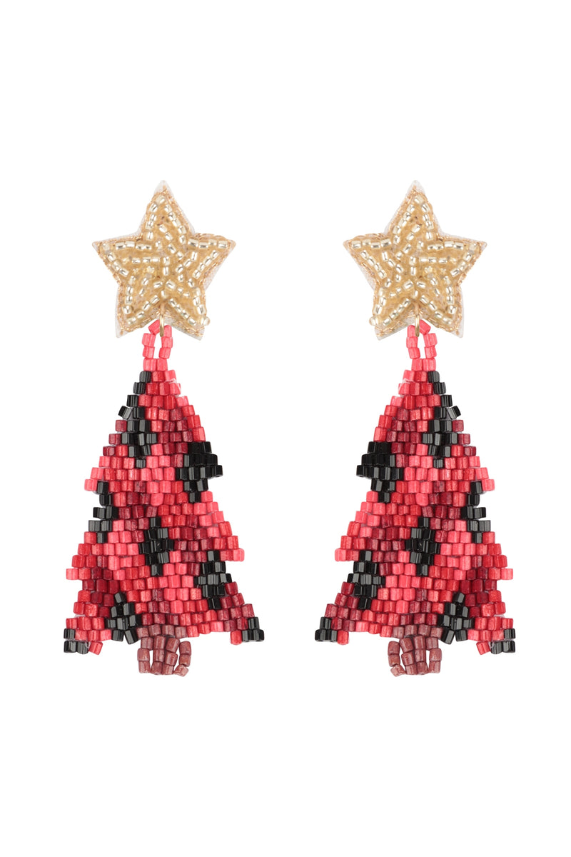 Christmas Tree with Star Seed Bead Drop Earrings Red - Pack of 6