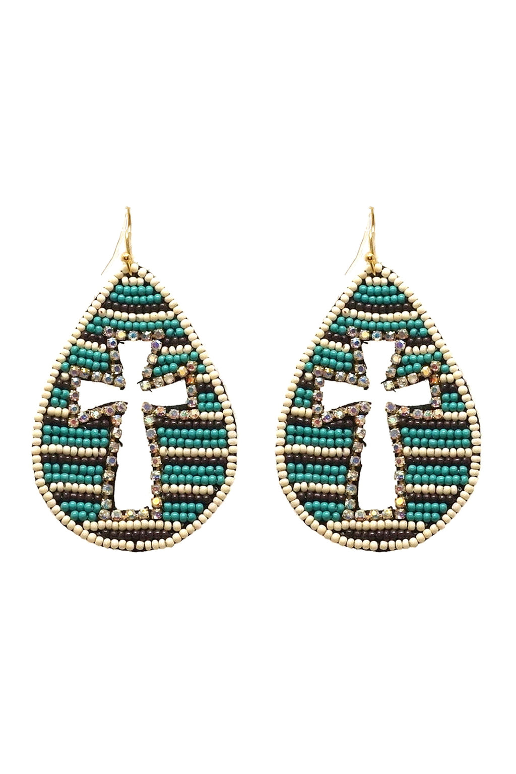 Western Seed Bead Cross Pattern Teardrop Earrings Turquoise - Pack of 6