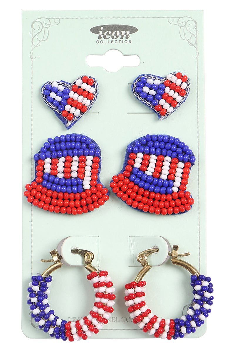 Heart, Hat 3 Pair Patriot Seed Bead Earrings USA- Pack of 6