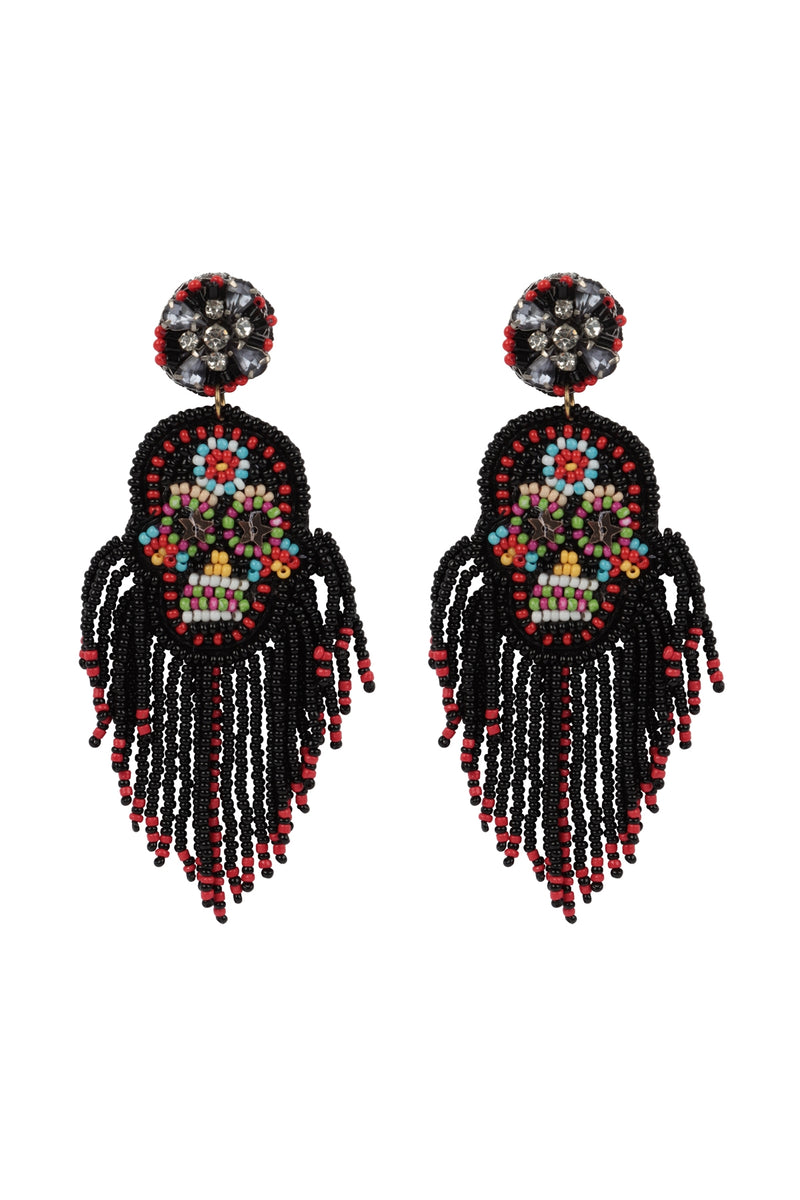 Halloween Skull Seed Beads Fringe Post Earrings Black - Pack of 6