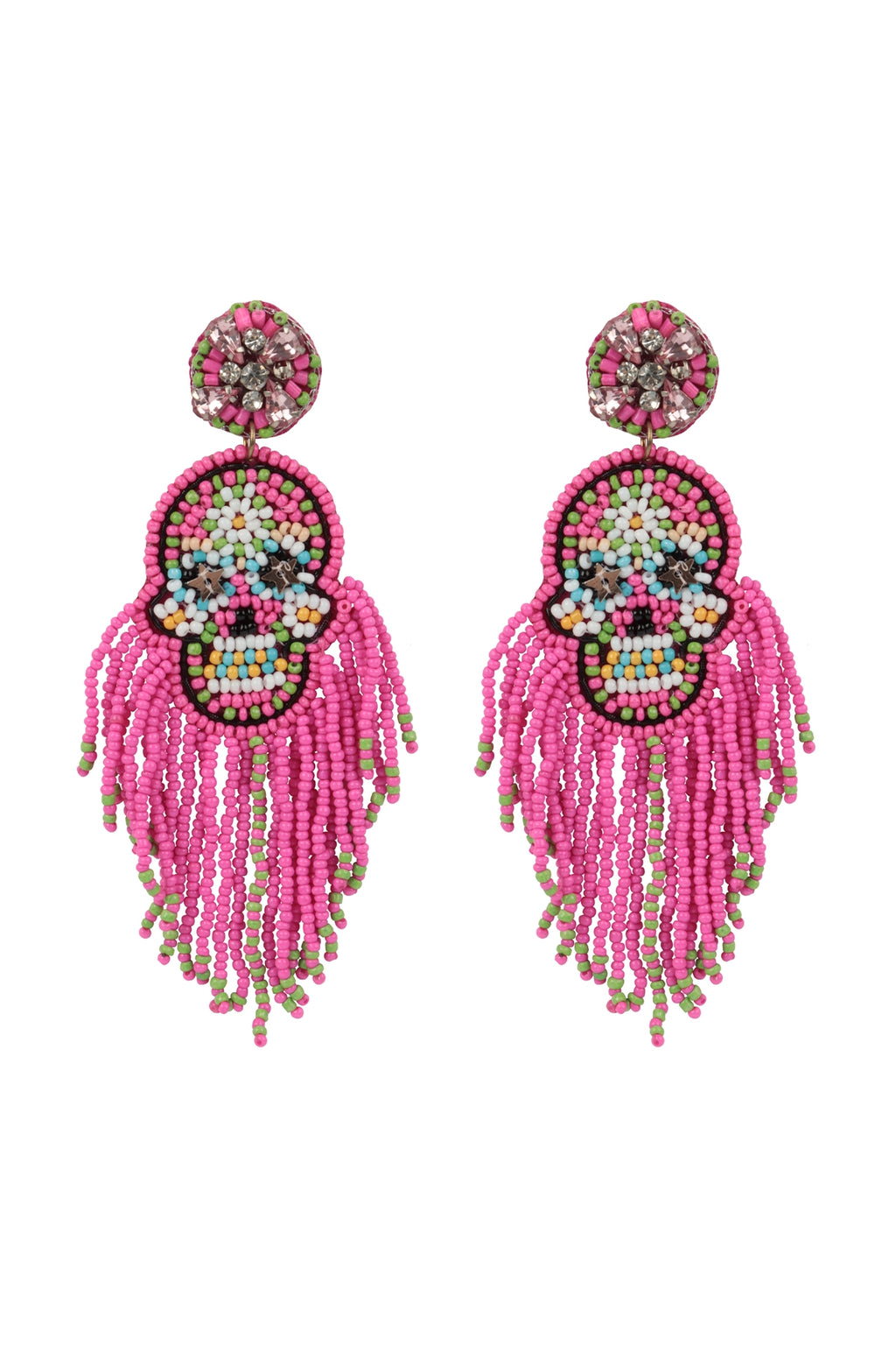 Halloween Skull Seed Beads Fringe Post Earrings Fuchsia - Pack of 6