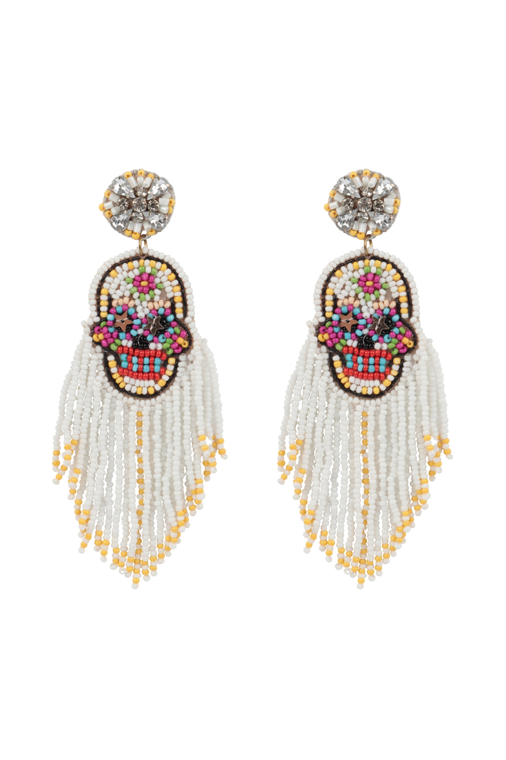 Halloween Skull Seed Beads Fringe Post Earrings White - Pack of 6