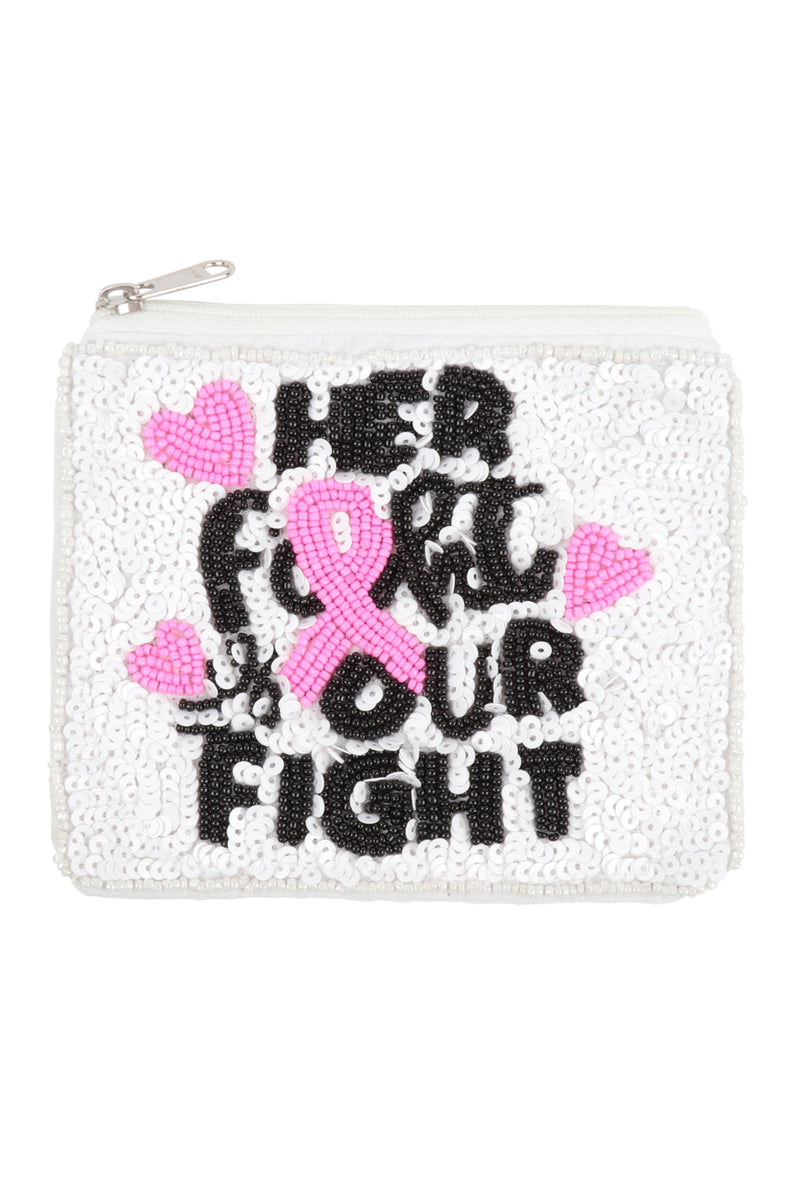 Her Fought Our Fight Pink Ribbon Awareness Sequin and Seed Beads Coin Pouch White - Pack of 6