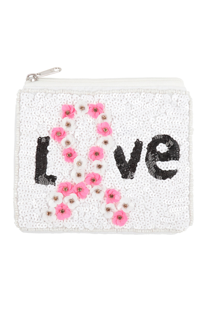Love Pink Ribbon Awareness with Flowers Sequin Coin Pouch White - Pack of 6