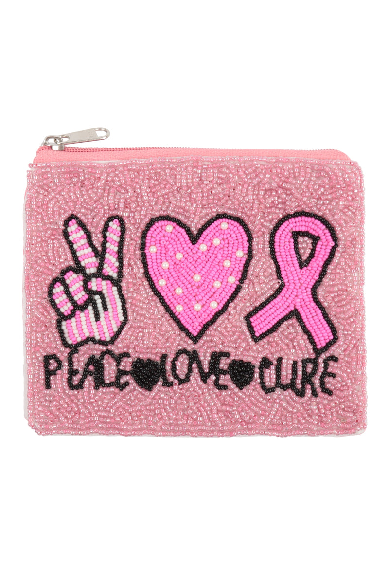 Peace Love Cure Pink Ribbon Awareness Seed Beads Coin Pouch Pink - Pack of 6