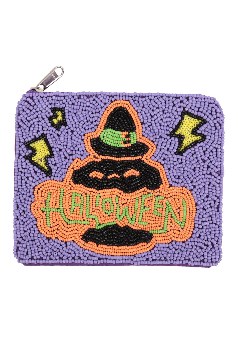 Pumpkin Halloween Seed Beads Coin Pouch Purple - Pack of 6
