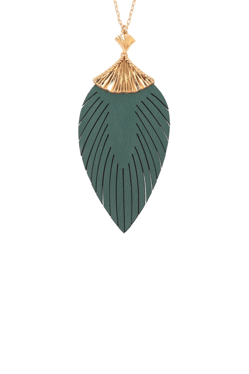 30 Inch Leaf Shaped PU Leather Fringe Long Necklace Green - Pack of 6