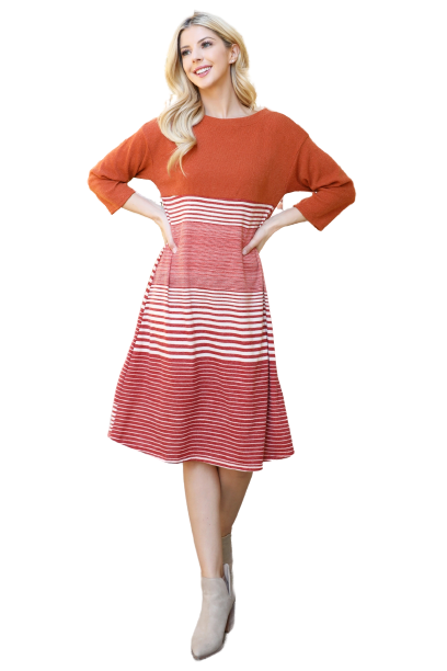 Rust Quarter Sleeve Stripe Dress - Pack of 6