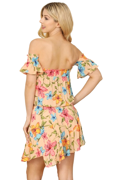 Peach Multi Floral Off Shoulder Ruffle Sleeve Mini Dress - Pack of 5