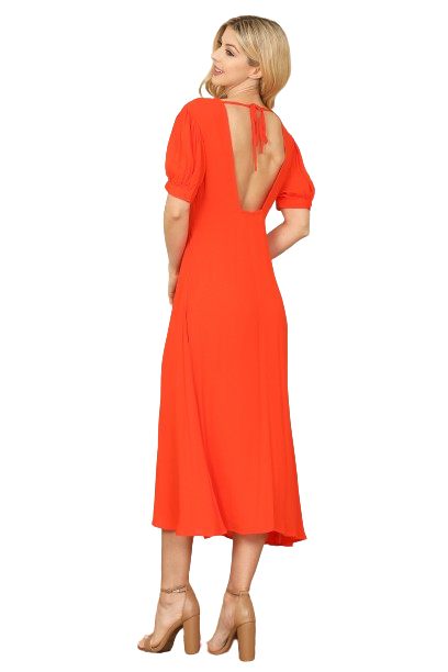 Orange Solid Puff Short Sleeve V Neck Midi Dress - Pack of 5